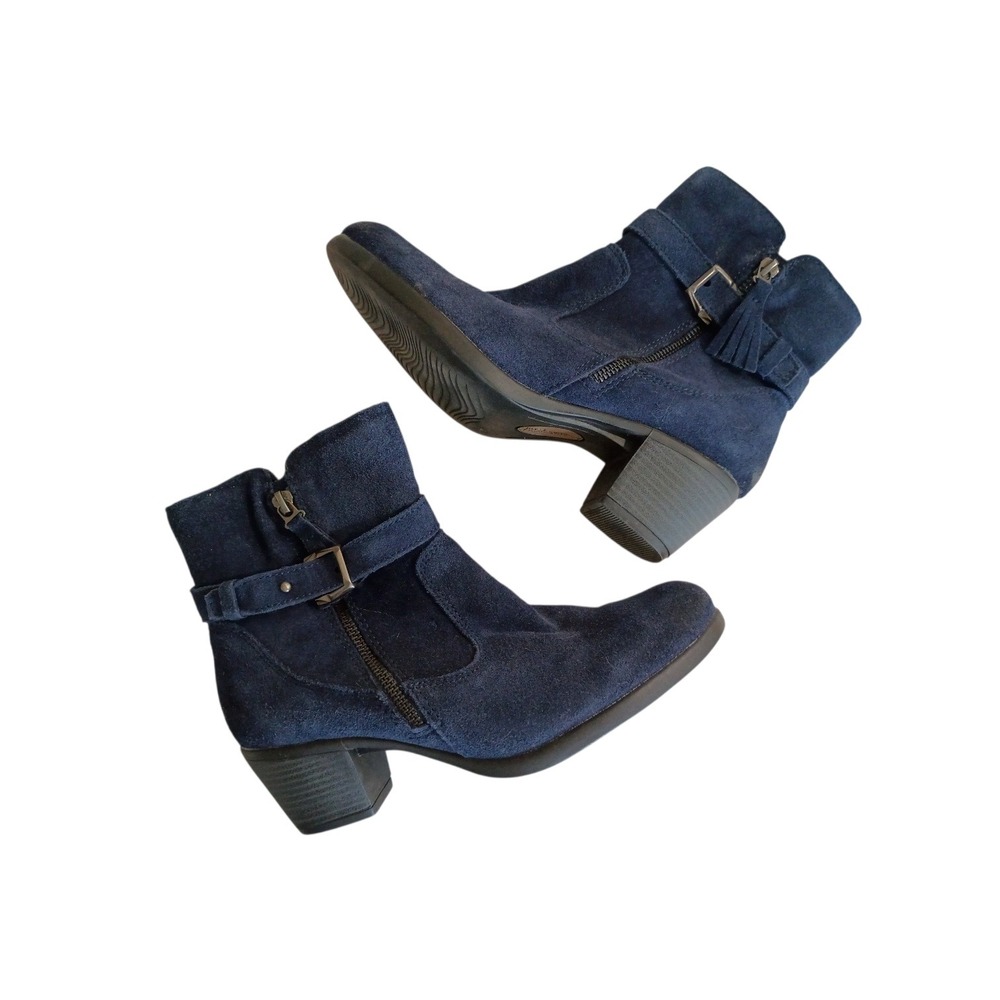 Earth Origins Tori Navy Blue Suede Ankle Boots Buckle Tassel Block Heel Size 9.5